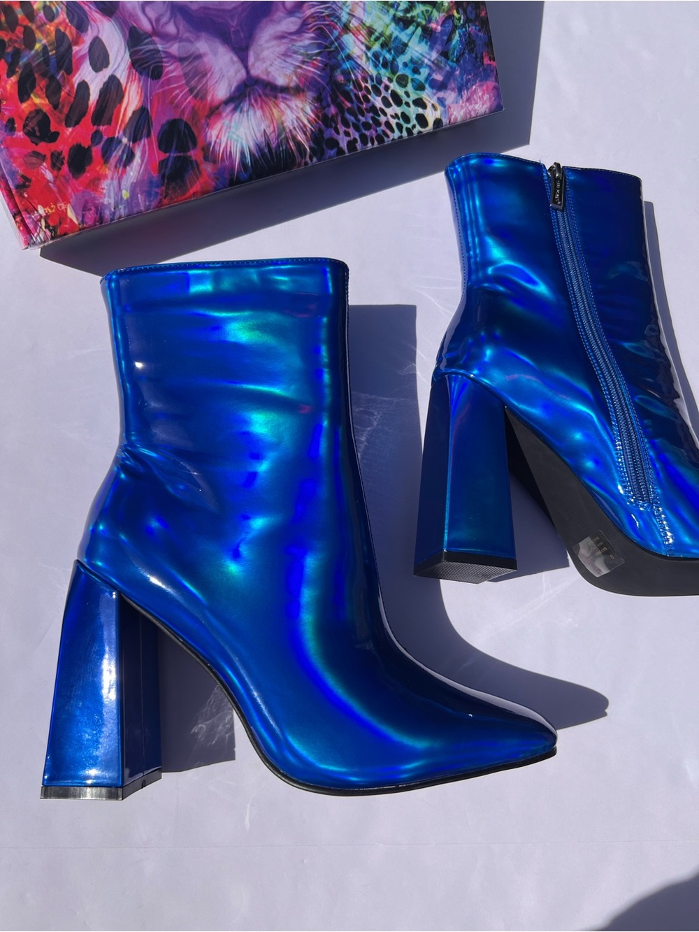 Holographic Gogo Boots - Iridescent Blue Chunky Heel - Metallic Ankle Booties
